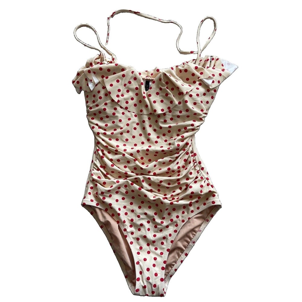 J Crew Sz 6 One Piece Swimsuit Red Polka Dot Ruffle Ruched Retro New With Liner